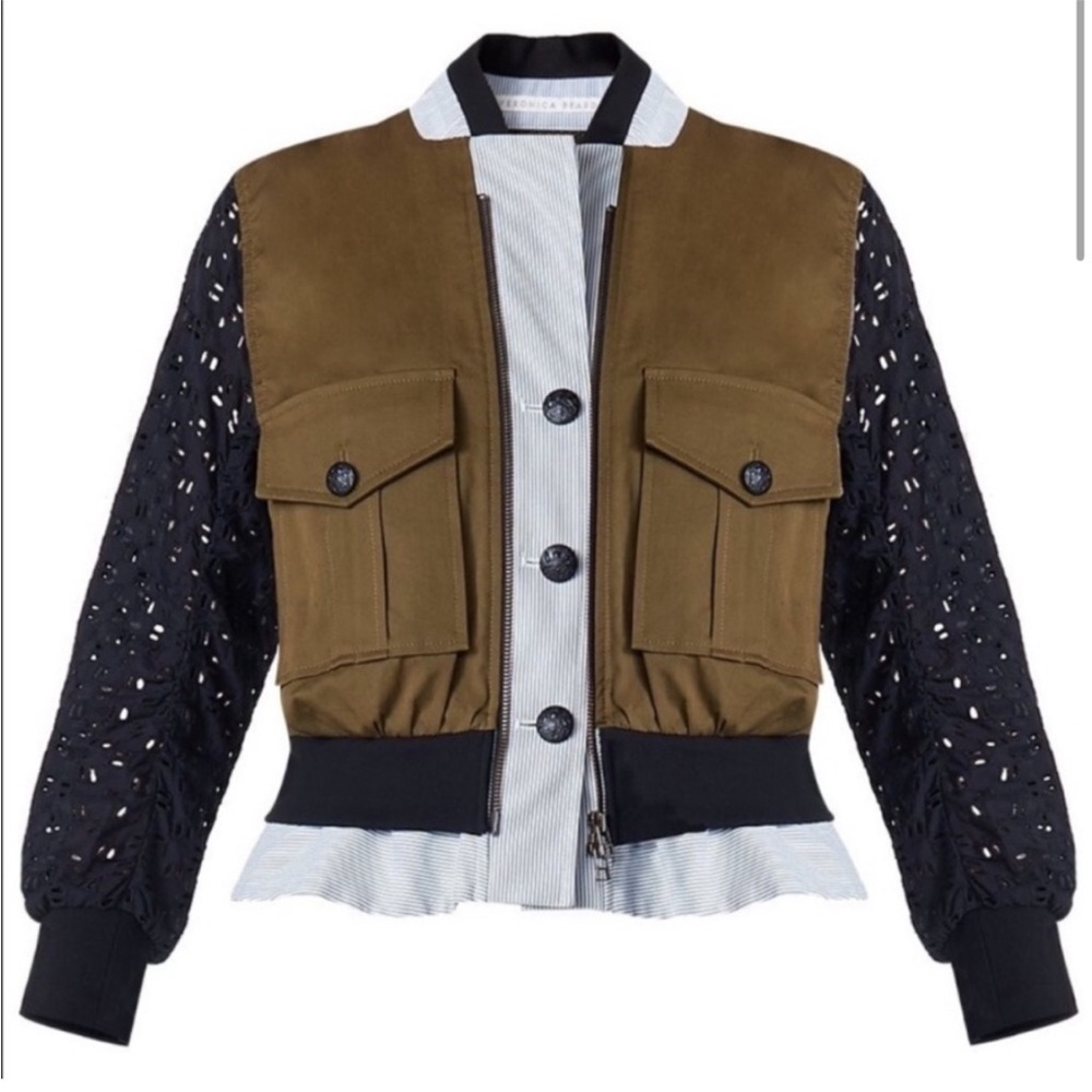 $550 Veronica Beard Ranger Mixed Media Bomber Jacket black lace, green blue sz 0